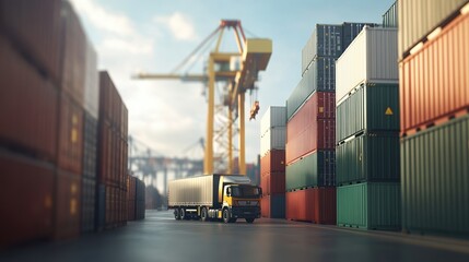 Fototapeta premium Truck unloading containers at a busy shipping port, industrial background.