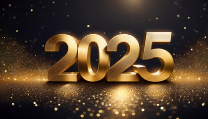 The golden 3D numbers "2025" stand against a dark background, surrounded by glittering gold particles. 