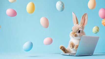 Easter Bunny on Laptop with Falling Eggs