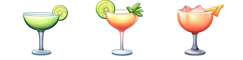 A Cocktail Glass Filled With a Margarita and Garnished With Lime in Cartoon Style. Isolated on a Transparent Background. Cutout PNG.