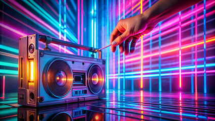 A cassette tape being inserted into a holographic stereo system in a neon-lit room.