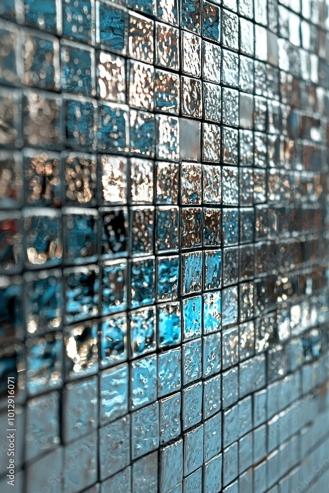 Poster close-up of a shiny tile wall with a distorted reflection