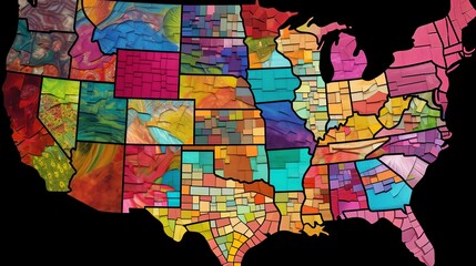 Naklejka premium Colorful artistic map of the United States, showcasing vibrant state designs on a black background.