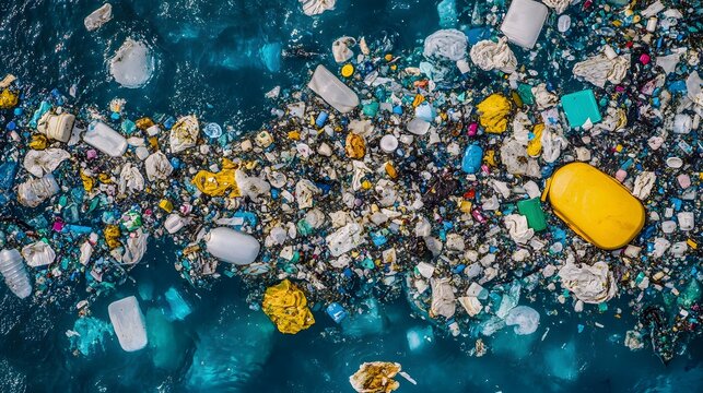 Aerial view of the Indian Ocean polluted by plastic trash, highlighting the environmental impact of floating debris and waste materials on marine ecosystems