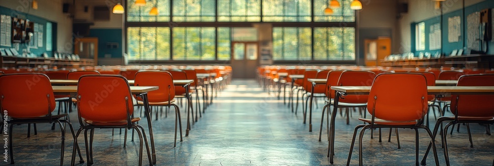 Poster empty classroom with rows of desks and chairs