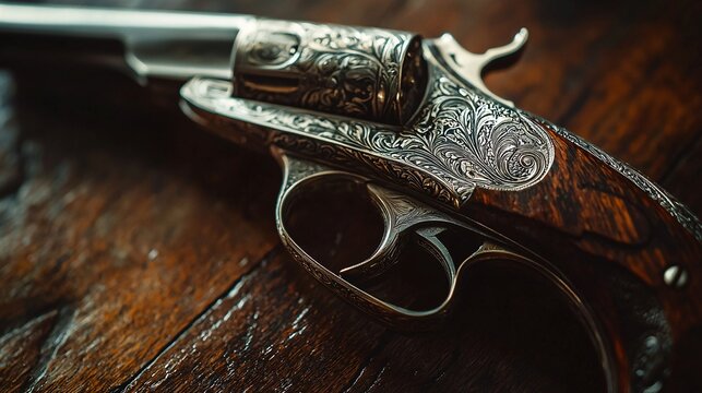 A detailed close-up of an ornate antique firearm lies on a lustrous wooden surface, highlighting its exquisite engravings and shiny metallic features.
