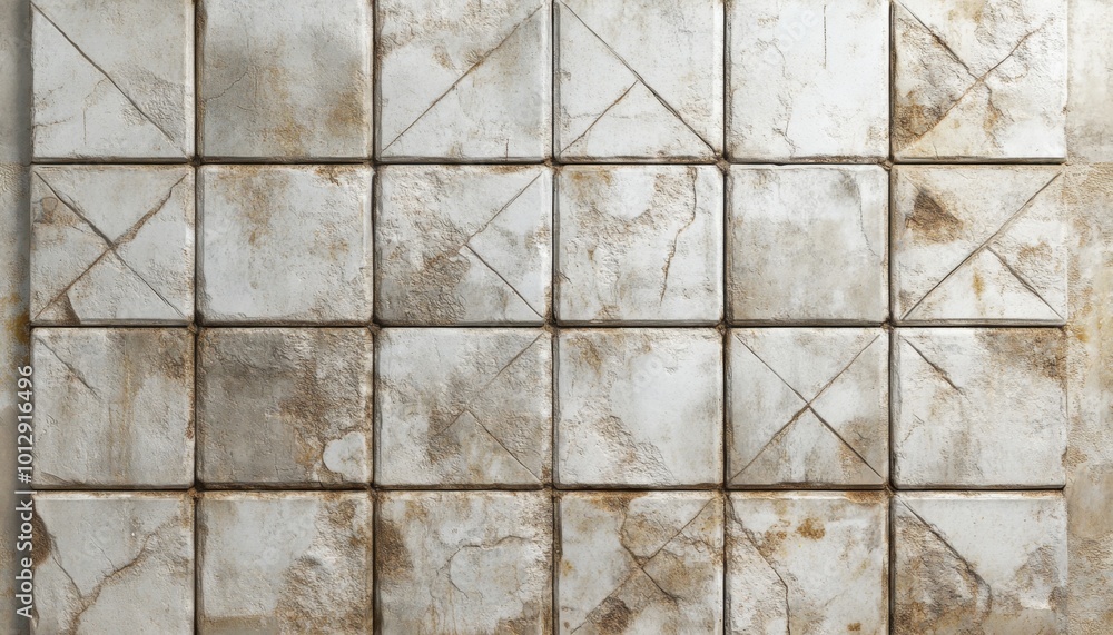 Poster weathered white square tiles with a diagonal pattern.