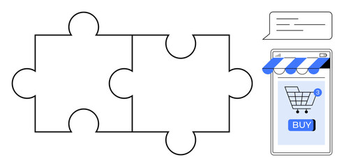 Two puzzle pieces connected, a smartphone with a shopping cart icon and a BUY button under an awning, and a chat bubble. Ideal for digital marketing, online shopping, customer experience, e-commerce
