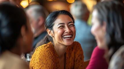 A cheerful assembly of varied people exchanging joy and camaraderie in a warm and inviting ambiance.