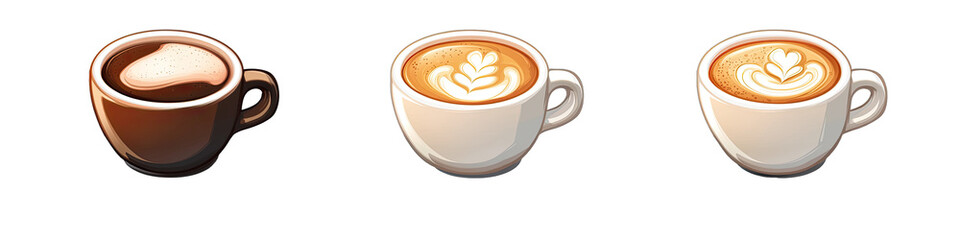 A Cup of Hot Cappuccino With Froth in Cartoon Style. Isolated on a Transparent Background. Cutout PNG.