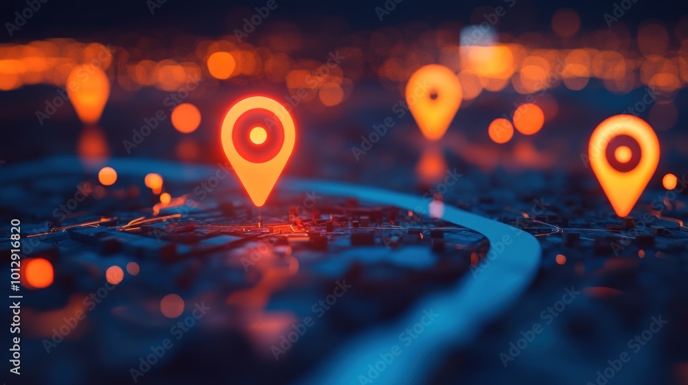 Poster a digital map with glowing location pins indicating various points of interest.