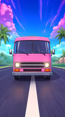 Fototapeta premium A bright pink van drives down a sunny road, palm trees in the background.