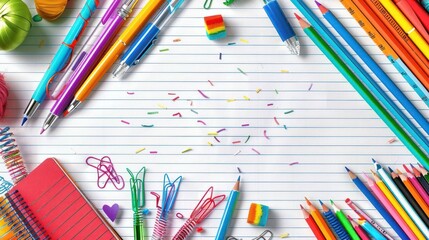 a variety of colored pencils and crayons on lined paper