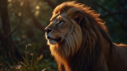 Obraz premium Majestic lion with golden fur, standing in a forest with sunlight shining on his mane.