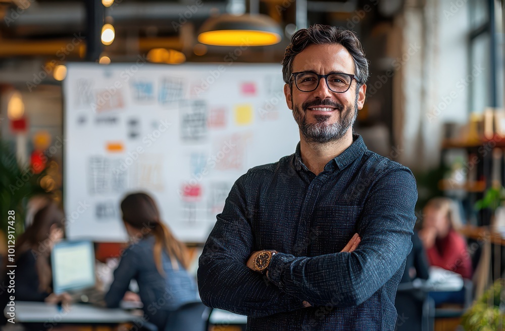 Poster confident man in casual attire stands with arms crossed in a modern creative workspace with a team c