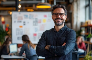 Confident man in casual attire stands with arms crossed in a modern creative workspace with a team collaborating in the background