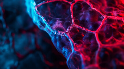 Close-up view of intricate cellular structures illuminated by vibrant blue and red lighting showcasing texture and form in detail