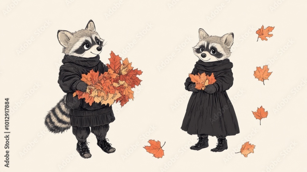 Poster Two raccoons dressed in black holding leaves