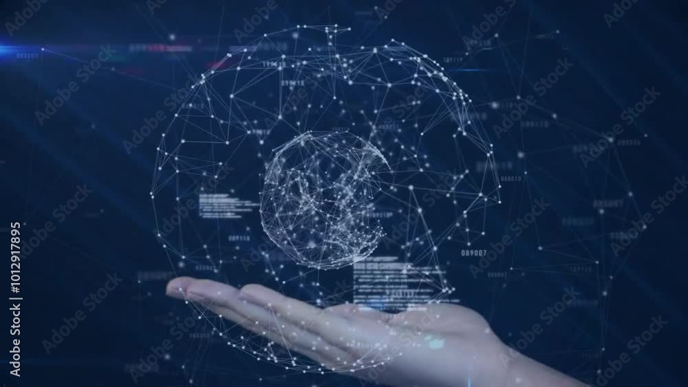 Poster animation of globe of connections on hand over data processing on blue background