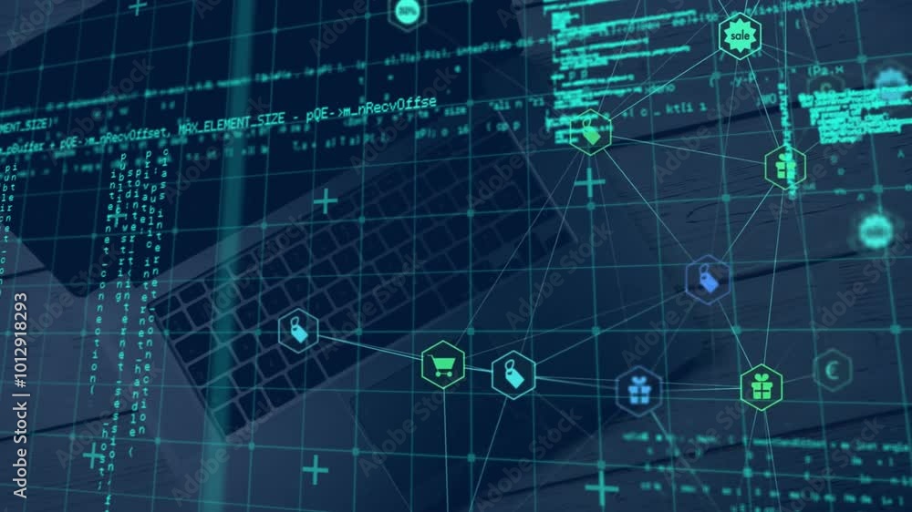 Poster animation of network of connections with data processing over laptop