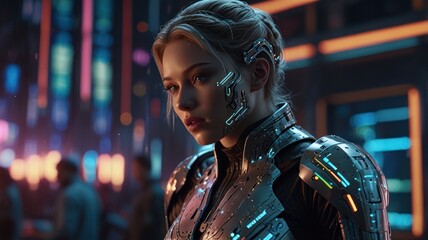 A young woman in futuristic armor stands in a neon-lit city.