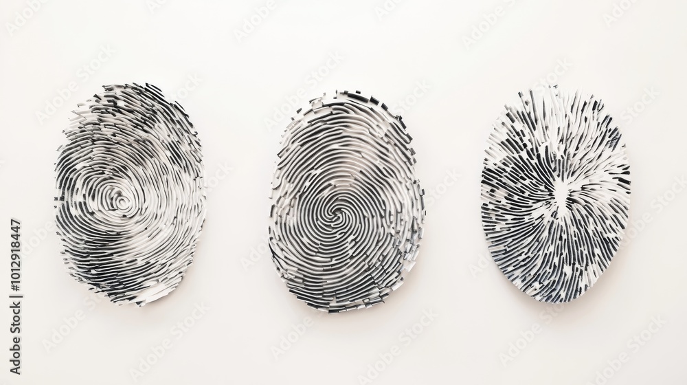 Poster a trio of fingerprint patterns in black and white arranged on a white background. the monochromatic 