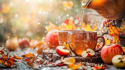 A cozy celebration features a rustic table adorned with steaming mugs of spiced apple cider and fragrant cinnamon sticks.