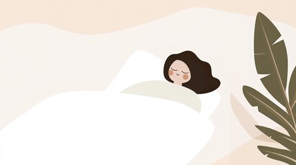 Minimalist illustration of a person sleeping peacefully, featuring soft lines and pastel tones, with an uncluttered bed and surroundings to create a cozy and relaxing atmosphere.
