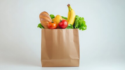 A brown paper bag stands on a plain white surface, filled with fresh groceries like bread, tomatoes, and bananas. The simple composition highlights the freshness of the products and eco-friendly
