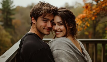 Fototapeta premium Happy couple wrapped in each other's arms, smiling warmly on a cozy balcony during a peaceful, overcast day in nature.