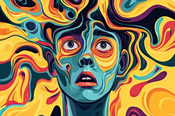 Abstract Portrait with Swirling Colors and Wide Eyes