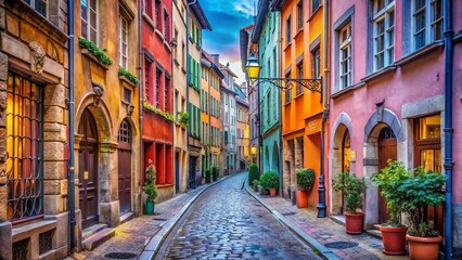 Fototapeta premium A winding cobblestone street lined with vibrantly colored buildings, adorned with charming window boxes and lush greenery, bathed in the warm glow of a setting sun.