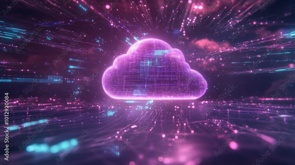 Poster a glowing purple cloud floats in a dynamic digital environment, symbolizing cloud computing and data