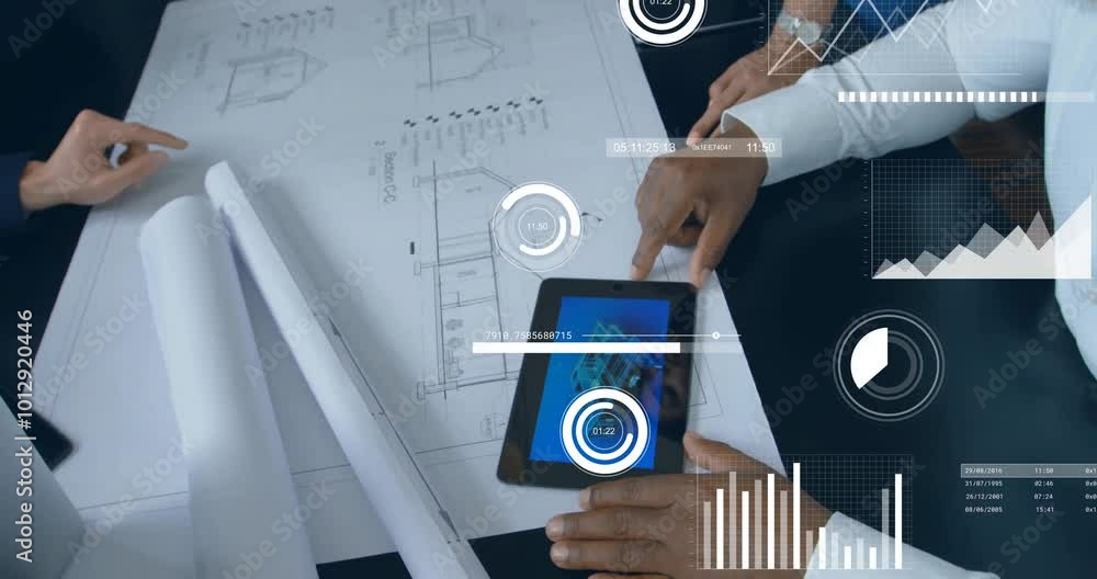 Poster animation of data processing over diverse colleagues having meeting in office