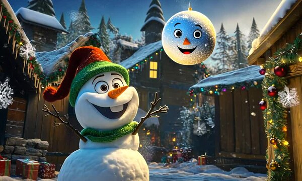 A snowman with a green scarf and hat smiles as he throws a snowball in a snowy winter village.