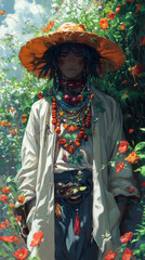 Obraz premium A young man with long black hair stands in a field of flowers wearing a wide-brimmed hat and a variety of colorful necklaces.