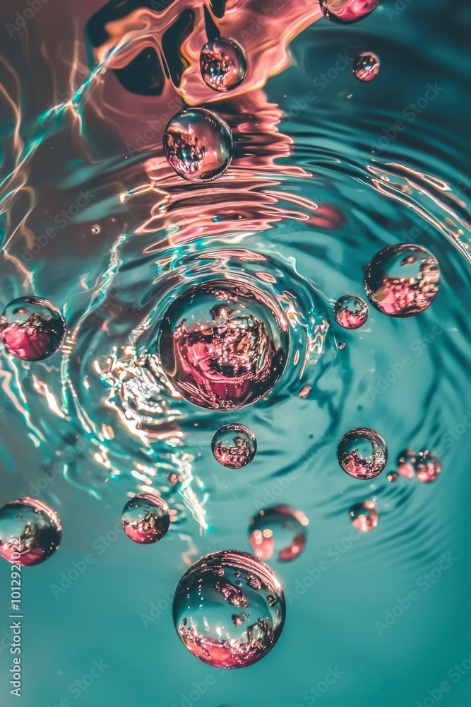 Poster transparent spheres floating on a teal surface, reflecting light and creating a distorted view