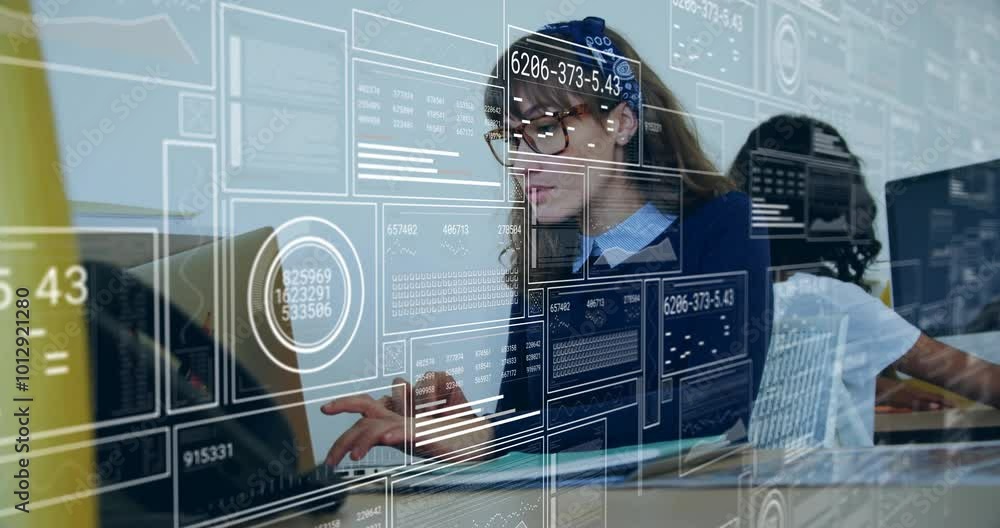 Poster animation of data processing over diverse colleagues working in office