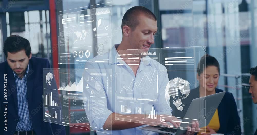 Poster animation of data processing over diverse colleagues working in office