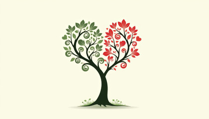 Fototapeta premium Heart-Shaped Tree with Green and Red Leaves
