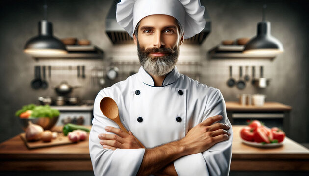 A bearded chef, dressed in traditional whites, confidently stands in a professional kitchen, symbolizing culinary mastery and expertise