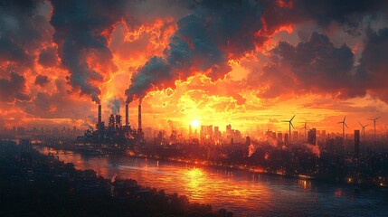 Naklejka premium Industrial Sunset Over a City Skyline