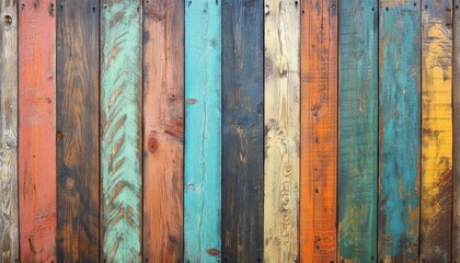 A close-up of a colorful wooden wall with various shades of blue, green, yellow, orange, and red.