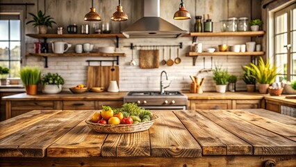 A rustic kitchen table, set with a bowl of colorful vegetables, sits in the center of a cozy, well-lit space, inviting viewers to imagine the meal that could be prepared.