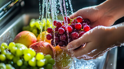 Hand washing bunch of fruits on tap water