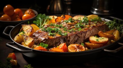 Fototapeta premium a steak and potatoes dish in a pan