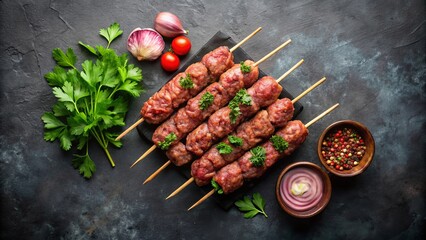 Aromatic Grilled Meat Skewers on a Black Slate Board, Garnished with Fresh Parsley and Accompanied by Aromatic Spices and a Creamy Dip