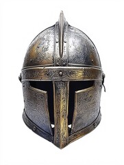 An intricately engraved knight's helmet highlights the artistry of medieval armor against a pristine white backdrop.