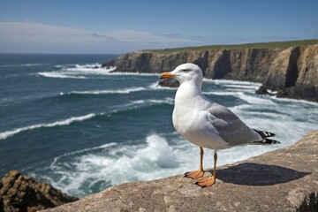 Obraz premium Seagull Perched on a Cliffside with Waves Crashing Below