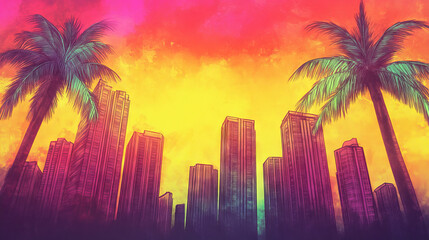 A vibrant watercolor illustration of a city skyline with palm trees in the foreground, bathed in warm sunset hues.